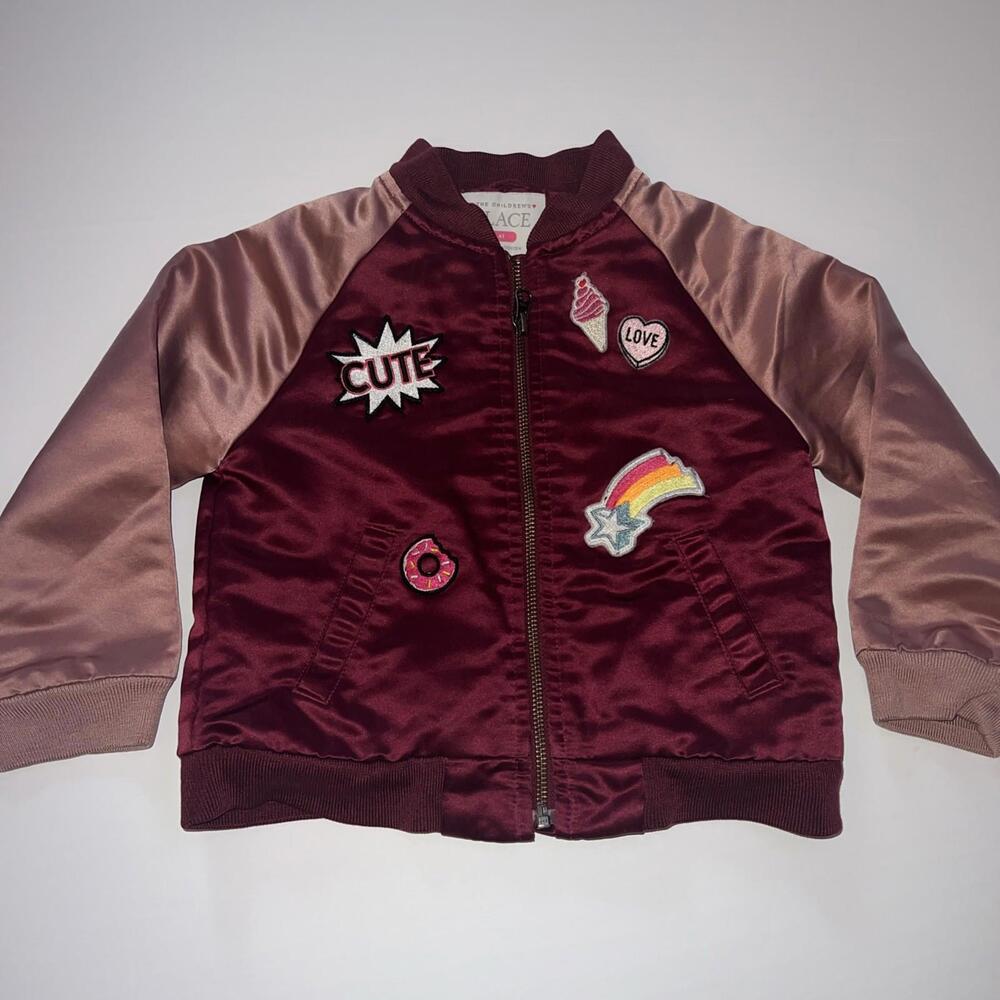 The Children’s Place Girls 4T Satin Varsity Jacket With Patches Red And Pink